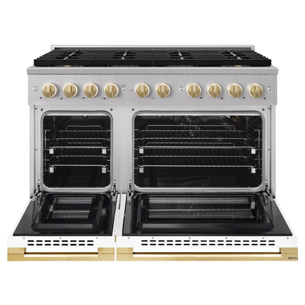ZLINE Autograph Edition 48 in. 6.7 cu. ft. Marino Gas Range with 8 Burner DuoPro™ Cooktop and Dual Ovens with White Matte Doors and Polished Gold Accents (PMGRZ-WM-48-G)