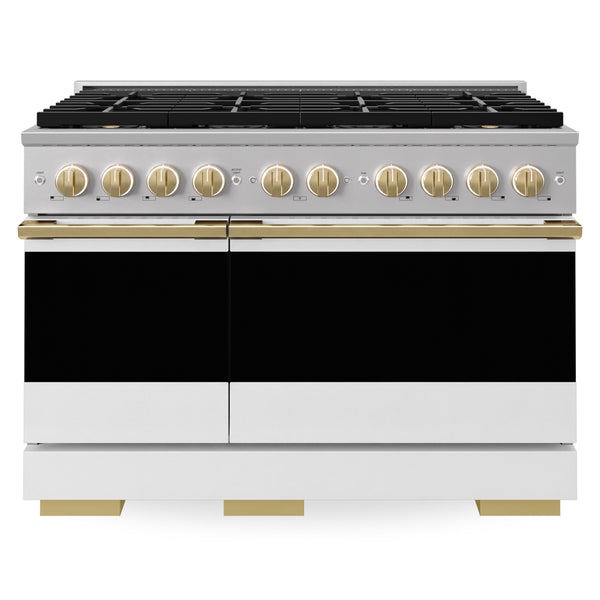 ZLINE Autograph Edition 48 in. 6.7 cu. ft. Marino Gas Range with 8 Burner DuoPro™ Cooktop and Dual Ovens with White Matte Doors and Polished Gold Accents (PMGRZ-WM-48-G)