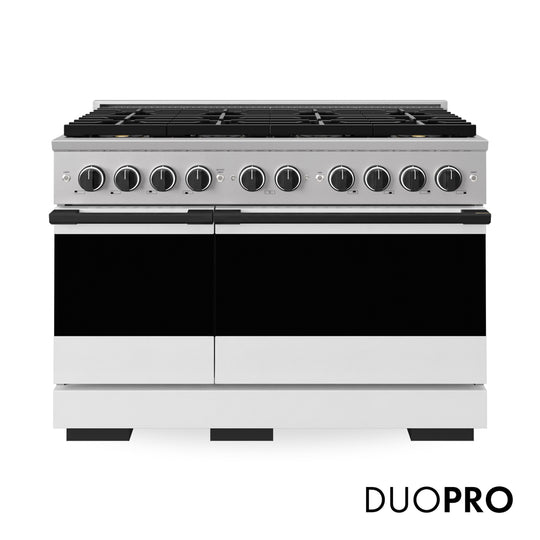 ZLINE Autograph Edition 48 in. 6.7 cu. ft. Marino Gas Range with 8 Burner DuoPro™ Cooktop and Dual Ovens with White Matte Doors and Matte Black Accents (PMGRZ-WM-48-MB)