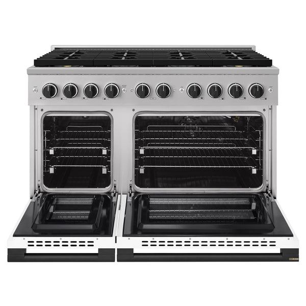 ZLINE Autograph Edition 48 in. 6.7 cu. ft. Marino Gas Range with 8 Burner DuoPro™ Cooktop and Dual Ovens with White Matte Doors and Matte Black Accents (PMGRZ-WM-48-MB)
