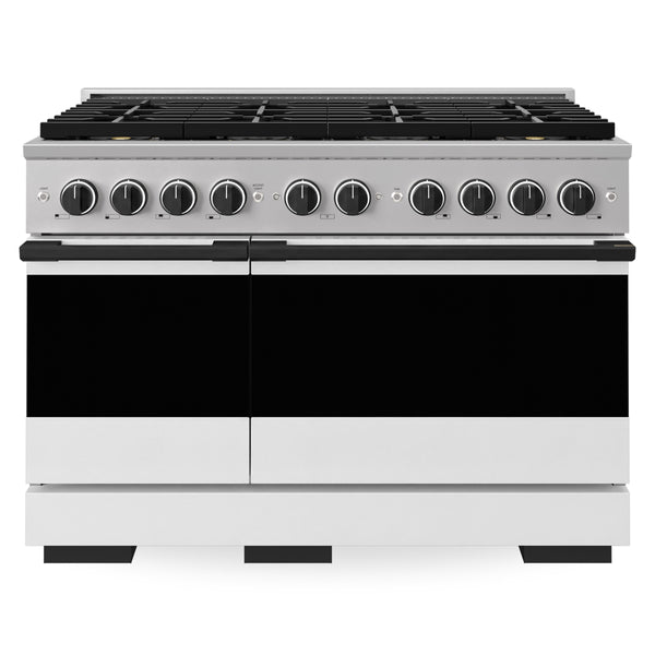 ZLINE Autograph Edition 48 in. 6.7 cu. ft. Marino Gas Range with 8 Burner DuoPro™ Cooktop and Dual Ovens with White Matte Doors and Matte Black Accents (PMGRZ-WM-48-MB)