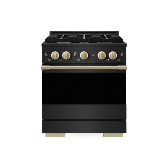 ZLINE Autograph Edition 30 in. 4.2 cu. ft. Marino Dual Fuel Range with 4 Burner Gas Cooktop and Electric Convection Oven in Black Stainless Steel with Champagne Bronze Accents (MDRBZ-30-CB)
