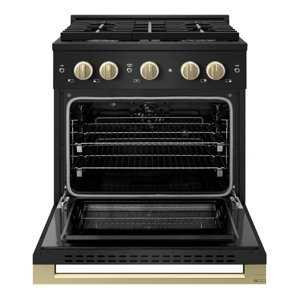 ZLINE Autograph Edition 30 in. 4.2 cu. ft. Marino Dual Fuel Range with 4 Burner Gas Cooktop and Electric Convection Oven in Black Stainless Steel with Champagne Bronze Accents (MDRBZ-30-CB)