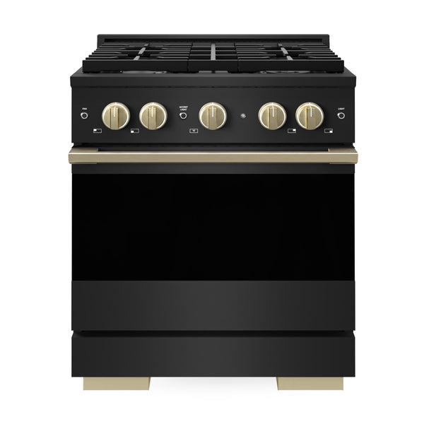 ZLINE Autograph Edition 30 in. 4.2 cu. ft. Marino Dual Fuel Range with 4 Burner Gas Cooktop and Electric Convection Oven in Black Stainless Steel with Champagne Bronze Accents (MDRBZ-30-CB)