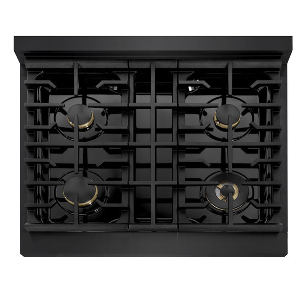 ZLINE Autograph Edition 30 in. 4.2 cu. ft. Marino Dual Fuel Range with 4 Burner Gas Cooktop and Electric Convection Oven in Black Stainless Steel with Champagne Bronze Accents (MDRBZ-30-CB)