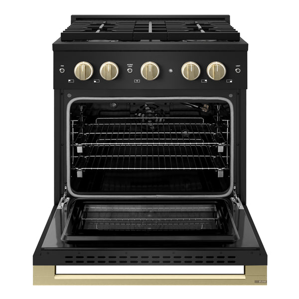 ZLINE Autograph Edition 30 in. 4.2 cu. ft. Marino Gas Range with 4 Burner Cooktop and Convection Gas Oven in Black Stainless Steel and Champagne Bronze Accents (MGRBZ-30-CB)