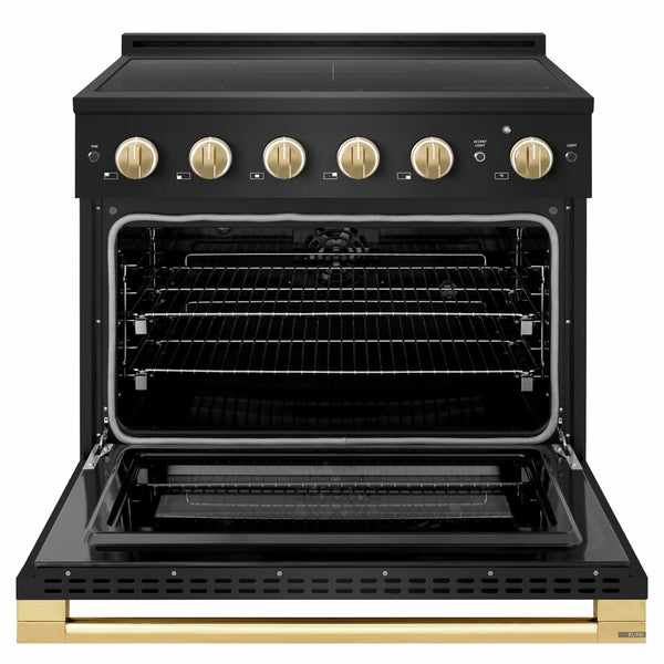ZLINE Autograph Edition 36 in. 5.2 cu. ft. Marino Induction Range with 5 Element Cooktop and Electric Convection Oven in Black Stainless Steel with Polished Gold Accents (MINRBZ-36-G)