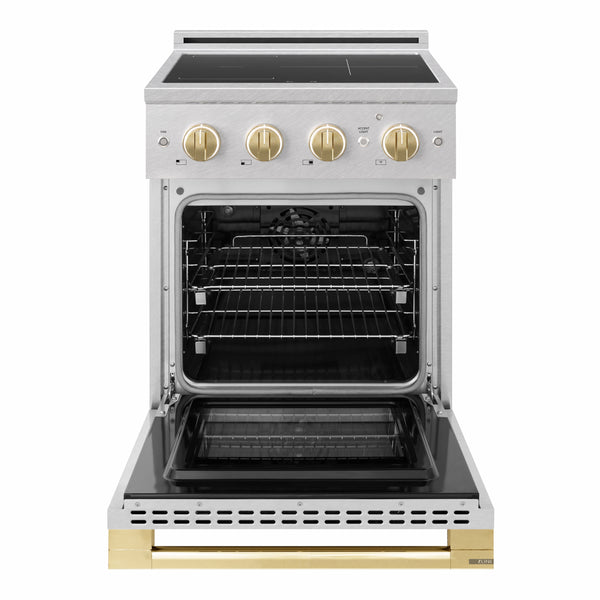 ZLINE Autograph Edition 24 in. 3.2 cu. ft. Marino Induction Range with 3 Element Cooktop and Electric Convection Oven in Satin Stainless Steel with Polished Gold Accents (MINRSZ-24-G)