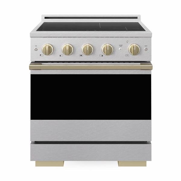 ZLINE Autograph Edition 30 in. 4.2 cu. ft. Marino Induction Range with 4 Element Cooktop and Electric Convection Oven in Satin Stainless Steel with Champagne Bronze Accents (MINRSZ-30-CB)