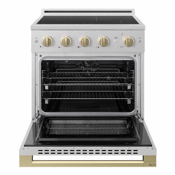 ZLINE Autograph Edition 30 in. 4.2 cu. ft. Marino Induction Range with 4 Element Cooktop and Electric Convection Oven in Satin Stainless Steel with Champagne Bronze Accents (MINRSZ-30-CB)