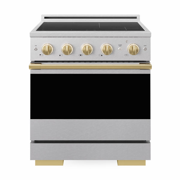 ZLINE Autograph Edition 30 in. 4.2 cu. ft. Marino Induction Range with 4 Element Cooktop and Electric Convection Oven in Satin Stainless Steel with Polished Gold Accents (MINRSZ-30-G)