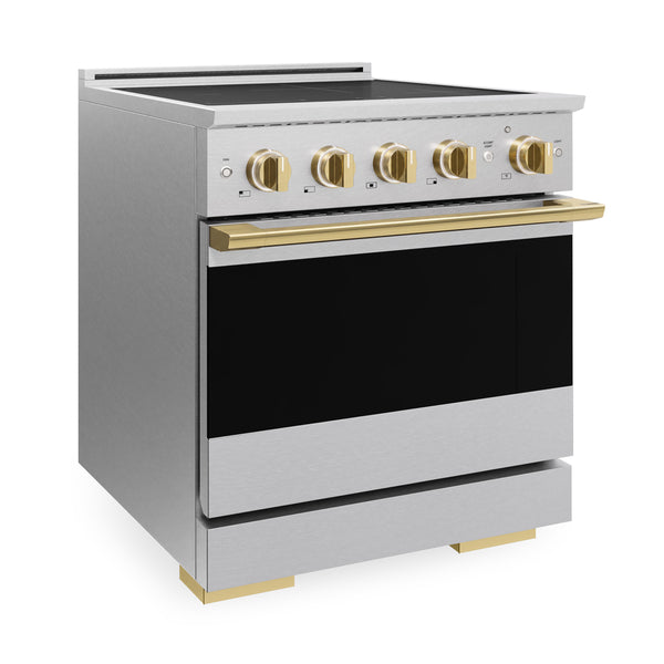 ZLINE Autograph Edition 30 in. 4.2 cu. ft. Marino Induction Range with 4 Element Cooktop and Electric Convection Oven in Satin Stainless Steel with Polished Gold Accents (MINRSZ-30-G)