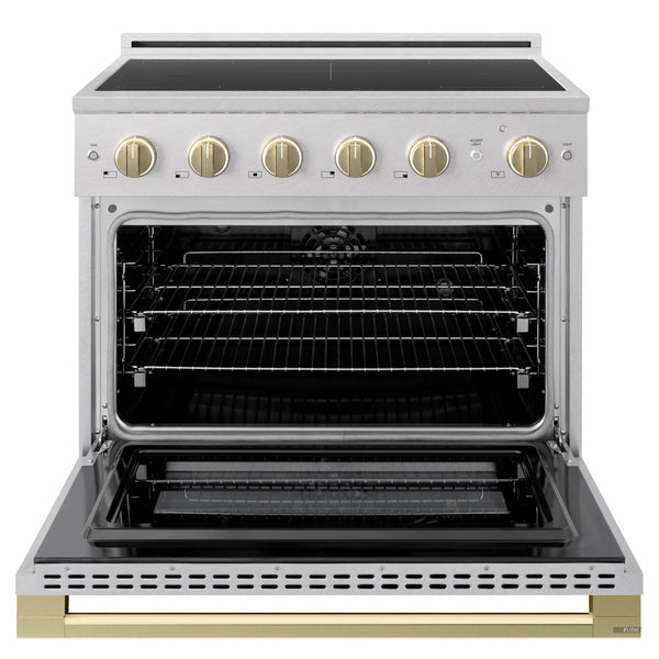 ZLINE Autograph Edition 36 in. 5.2 cu. ft. Marino Induction Range with 5 Element Cooktop and Electric Convection Oven in Satin Stainless Steel with Champagne Bronze Accents (MINRSZ-36-CB)