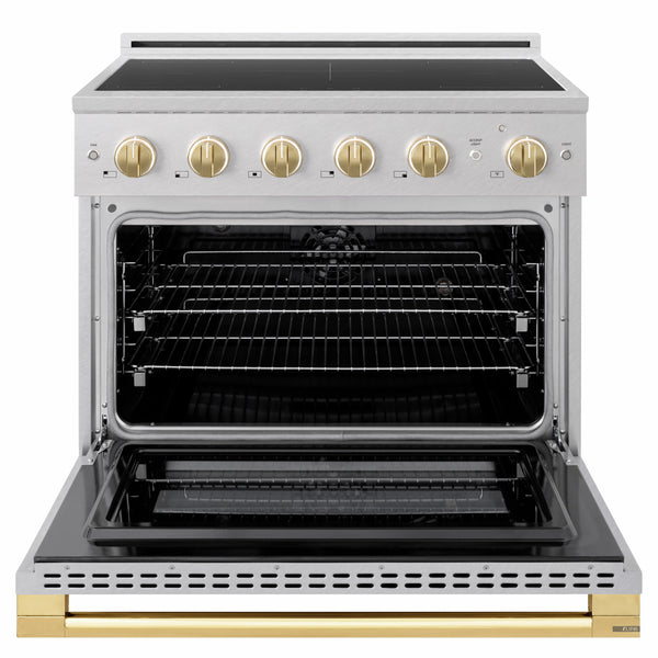 ZLINE Autograph Edition 36 in. 5.2 cu. ft. Marino Induction Range with 5 Element Cooktop and Electric Convection Oven in Satin Stainless Steel with Polished Gold Accents (MINRSZ-36-G)