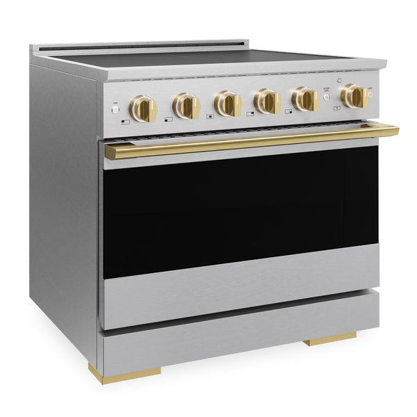 ZLINE Autograph Edition 36 in. 5.2 cu. ft. Marino Induction Range with 5 Element Cooktop and Electric Convection Oven in Satin Stainless Steel with Polished Gold Accents (MINRSZ-36-G)