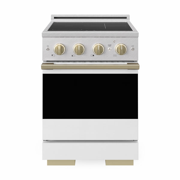 ZLINE Autograph Edition 24 in. 3.2 cu. ft. Marino Induction Range with 3 Element Cooktop and Electric Convection Oven in Satin Stainless Steel with White Matte Door and Champagne Bronze Accents (MINRSZ-WM-24-CB)