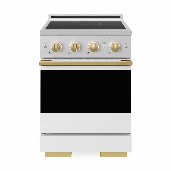 ZLINE Autograph Edition 24 in. 3.2 cu. ft. Marino Induction Range with 3 Element Cooktop and Electric Convection Oven in Satin Stainless Steel with White Matte Door and Polished Gold Accents (MINRSZ-WM-24-G)