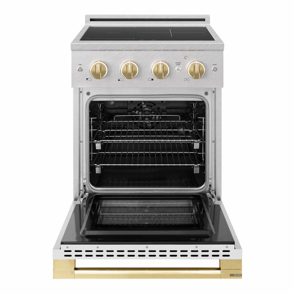 ZLINE Autograph Edition 24 in. 3.2 cu. ft. Marino Induction Range with 3 Element Cooktop and Electric Convection Oven in Satin Stainless Steel with White Matte Door and Polished Gold Accents (MINRSZ-WM-24-G)