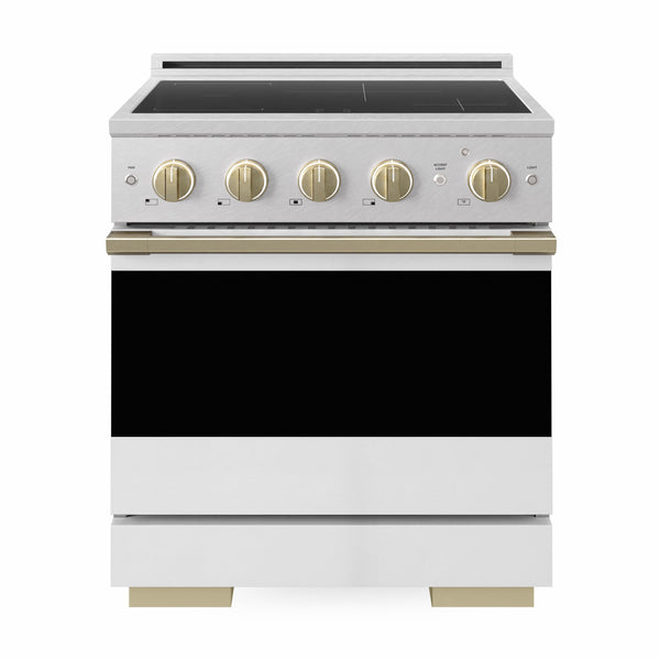 ZLINE Autograph Edition 30 in. 4.2 cu. ft. Marino Induction Range with 4 Element Cooktop and Electric Convection Oven in Satin Stainless Steel with White Matte Door and Champagne Bronze Accents (MINRSZ-WM-30-CB)