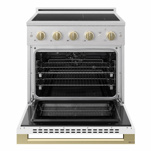 ZLINE Autograph Edition 30 in. 4.2 cu. ft. Marino Induction Range with 4 Element Cooktop and Electric Convection Oven in Satin Stainless Steel with White Matte Door and Champagne Bronze Accents (MINRSZ-WM-30-CB)