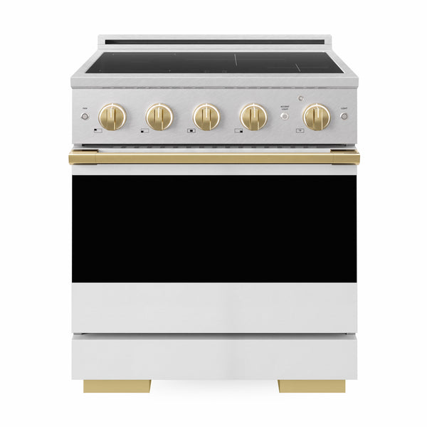 ZLINE Autograph Edition 30 in. 4.2 cu. ft. Marino Induction Range with 4 Element Cooktop and Electric Convection Oven in Satin Stainless Steel with White Matte Door and Polished Gold Accents (MINRSZ-WM-30-G)
