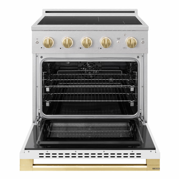 ZLINE Autograph Edition 30 in. 4.2 cu. ft. Marino Induction Range with 4 Element Cooktop and Electric Convection Oven in Satin Stainless Steel with White Matte Door and Polished Gold Accents (MINRSZ-WM-30-G)