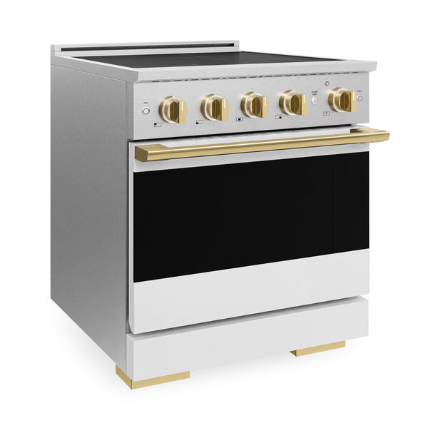 ZLINE Autograph Edition 30 in. 4.2 cu. ft. Marino Induction Range with 4 Element Cooktop and Electric Convection Oven in Satin Stainless Steel with White Matte Door and Polished Gold Accents (MINRSZ-WM-30-G)