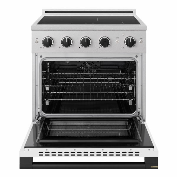 ZLINE Autograph Edition 30 in. 4.2 cu. ft. Marino Induction Range with 4 Element Cooktop and Electric Convection Oven in Satin Stainless Steel with White Matte Door and Matte Black Accents (MINRSZ-WM-30-MB)