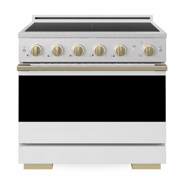 ZLINE Autograph Edition 36 in. 5.2 cu. ft. Marino Induction Range with 5 Element Cooktop and Electric Convection Oven in Satin Stainless Steel with White Matte Door and Champagne Bronze Accents (MINRSZ-WM-36-CB)