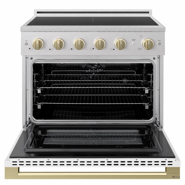 ZLINE Autograph Edition 36 in. 5.2 cu. ft. Marino Induction Range with 5 Element Cooktop and Electric Convection Oven in Satin Stainless Steel with White Matte Door and Champagne Bronze Accents (MINRSZ-WM-36-CB)