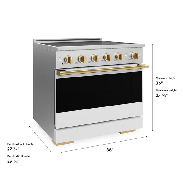 ZLINE Autograph Edition 36 in. 5.2 cu. ft. Marino Induction Range with 5 Element Cooktop and Electric Convection Oven in Satin Stainless Steel with White Matte Door and Polished Gold Accents (MINRSZ-WM-36-G)