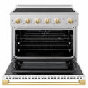 ZLINE Autograph Edition 36 in. 5.2 cu. ft. Marino Induction Range with 5 Element Cooktop and Electric Convection Oven in Satin Stainless Steel with White Matte Door and Polished Gold Accents (MINRSZ-WM-36-G)