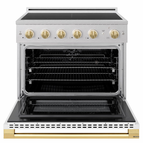 ZLINE Autograph Edition 36 in. 5.2 cu. ft. Marino Induction Range with 5 Element Cooktop and Electric Convection Oven in Satin Stainless Steel with White Matte Door and Polished Gold Accents (MINRSZ-WM-36-G)
