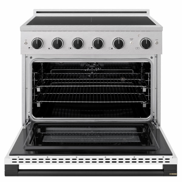 ZLINE Autograph Edition 36 in. 5.2 cu. ft. Marino Induction Range with 5 Element Cooktop and Electric Convection Oven in Satin Stainless Steel with White Matte Door and Matte Black Accents (MINRSZ-WM-36-MB)