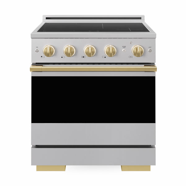 ZLINE Autograph Edition 30 in. 4.2 cu. ft. Marino Induction Range with 4 Element Cooktop and Electric Convection Oven in Stainless Steel with Polished Gold Accents (MINRZ-30-G)