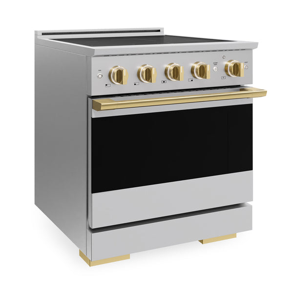 ZLINE Autograph Edition 30 in. 4.2 cu. ft. Marino Induction Range with 4 Element Cooktop and Electric Convection Oven in Stainless Steel with Polished Gold Accents (MINRZ-30-G)