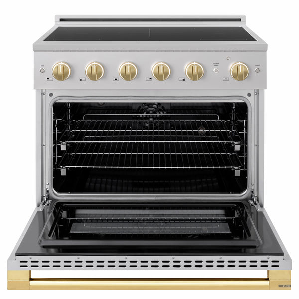 ZLINE Autograph Edition 36 in. 5.2 cu. ft. Marino Induction Range with 5 Element Cooktop and Electric Convection Oven in Stainless Steel with Polished Gold Accents (MINRZ-36-G)