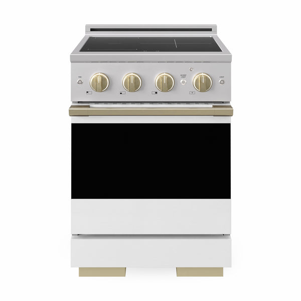 ZLINE Autograph Edition 24 in. 3.2 cu. ft. Marino Induction Range with 3 Element Cooktop and Electric Convection Oven in Stainless Steel with White Matte Door and Champagne Bronze Accents (MINRZ-WM-24-CB)