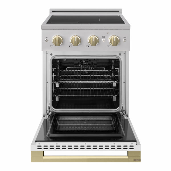 ZLINE Autograph Edition 24 in. 3.2 cu. ft. Marino Induction Range with 3 Element Cooktop and Electric Convection Oven in Stainless Steel with White Matte Door and Champagne Bronze Accents (MINRZ-WM-24-CB)