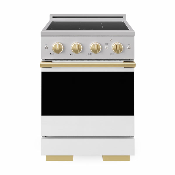 ZLINE Autograph Edition 24 in. 3.2 cu. ft. Marino Induction Range with 3 Element Cooktop and Electric Convection Oven in Stainless Steel with White Matte Door and Polished Gold Accents (MINRZ-WM-24-G)