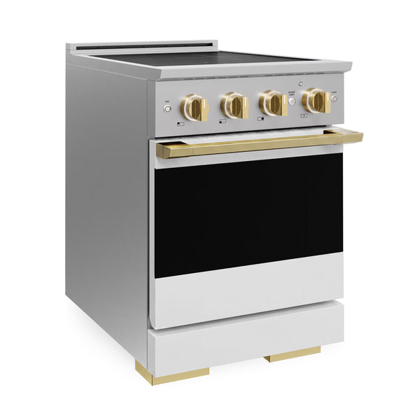 ZLINE Autograph Edition 24 in. 3.2 cu. ft. Marino Induction Range with 3 Element Cooktop and Electric Convection Oven in Stainless Steel with White Matte Door and Polished Gold Accents (MINRZ-WM-24-G)