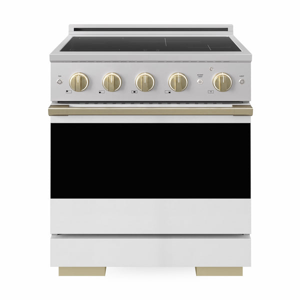 ZLINE Autograph Edition 30 in. 4.2 cu. ft. Marino Induction Range with 4 Element Cooktop and Electric Convection Oven in Stainless Steel with White Matte Door and Champagne Bronze Accents (MINRZ-WM-30-CB)