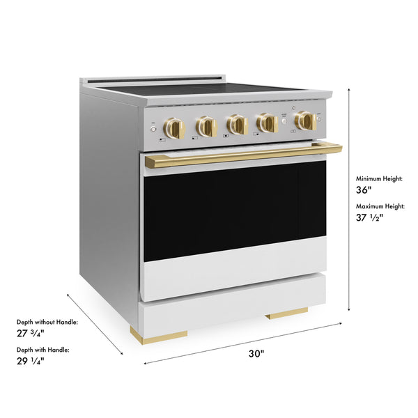 ZLINE Autograph Edition 30 in. 4.2 cu. ft. Marino Induction Range with 4 Element Cooktop and Electric Convection Oven in Stainless Steel with White Matte Door and Polished Gold Accents (MINRZ-WM-30-G)