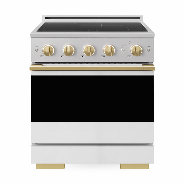 ZLINE Autograph Edition 30 in. 4.2 cu. ft. Marino Induction Range with 4 Element Cooktop and Electric Convection Oven in Stainless Steel with White Matte Door and Polished Gold Accents (MINRZ-WM-30-G)