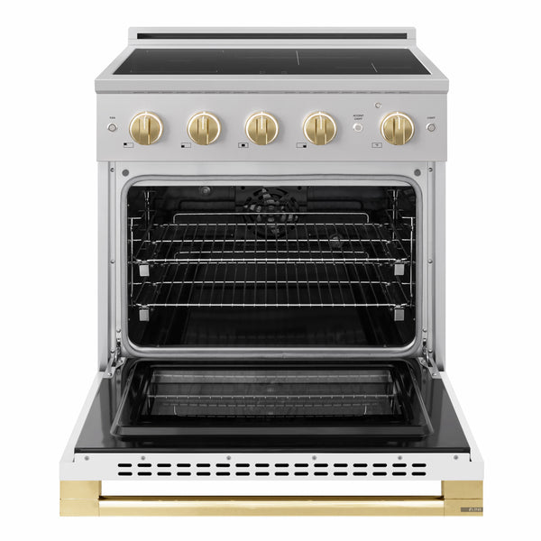 ZLINE Autograph Edition 30 in. 4.2 cu. ft. Marino Induction Range with 4 Element Cooktop and Electric Convection Oven in Stainless Steel with White Matte Door and Polished Gold Accents (MINRZ-WM-30-G)