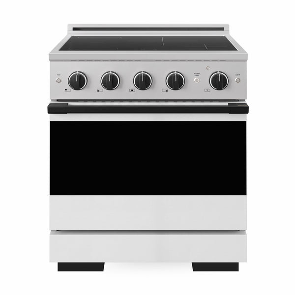 ZLINE Autograph Edition 30 in. 4.2 cu. ft. Marino Induction Range with 4 Element Cooktop and Electric Convection Oven in Stainless Steel with White Matte Door and Matte Black Accents (MINRZ-WM-30-MB)