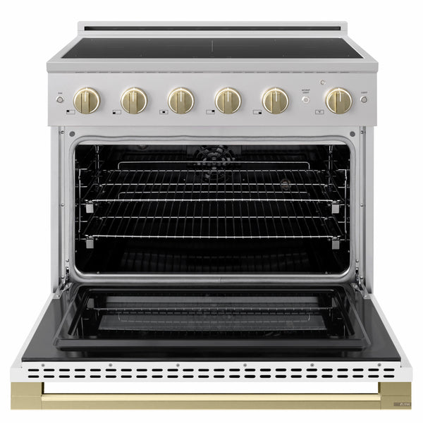 ZLINE Autograph Edition 36 in. 5.2 cu. ft. Marino Induction Range with 5 Element Cooktop and Electric Convection Oven in Stainless Steel with White Matte Door and Champagne Bronze Accents (MINRZ-WM-36-CB)