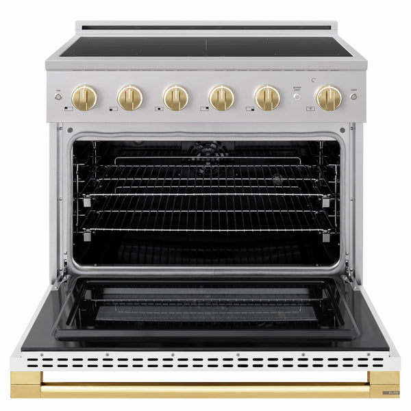 ZLINE Autograph Edition 36 in. 5.2 cu. ft. Marino Induction Range with 5 Element Cooktop and Electric Convection Oven in Stainless Steel with White Matte Door and Polished Gold Accents (MINRZ-WM-36-G)