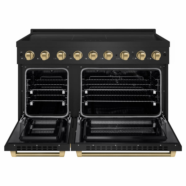 ZLINE Autograph Edition 48 in. 6.7 cu. ft. Paramount Induction Range with 7 Element Cooktop and Dual Ovens in Black Stainless Steel with Champagne Bronze Helix Handles and Knob Accents (SINRBZ-48-KCB)