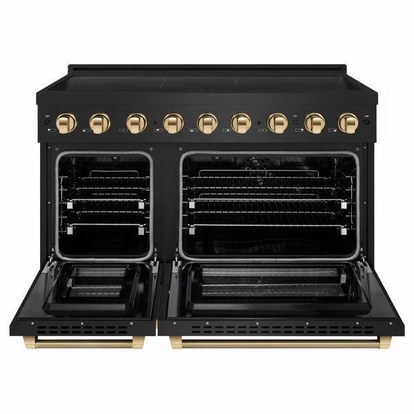 ZLINE Autograph Edition 48 in. 6.7 cu. ft. Paramount Induction Range with 7 Element Cooktop and Dual Ovens in Black Stainless Steel with Polished Gold Helix Handles and Knob Accents (SINRBZ-48-KG)